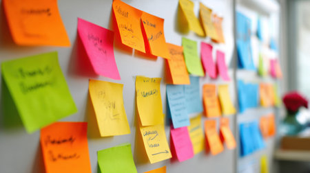 A vibrant collection of sticky notes in various colors arranged on a board, symbolizing creative brainstorming, organizational strategy, and collaborative work in an office setting.の素材