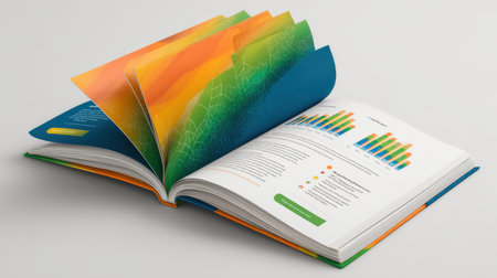 An open book with vibrant, colorful pages showcases graphs and data visualization, emphasizing modern design elements for educational and professional applications.の素材