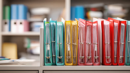 Brightly colored folders neatly stored on a shelf create an organized office environment, enhancing productivity and efficiency in professional settings.の素材