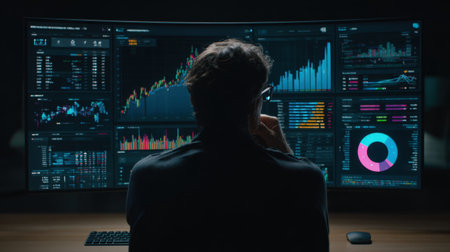 A professional analyst is deeply focused on data trends displayed on multiple screens, showcasing colorful graphs and statistics in a modern office setting.の素材