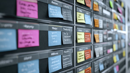 Vibrant and colorful sticky notes neatly arranged on a blackboard create an inspiring office environment for brainstorming, organization, and collaborative teamwork.の素材