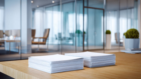 A tidy modern office scene featuring stacks of blank papers on a wooden table, reflecting a fresh and organized workspace with natural light and minimalistic design.の素材