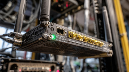 Close-up perspective of a network router showcasing multiple ports and LED indicators, highlighting the complexity of modern networking technology in a server environment.の素材