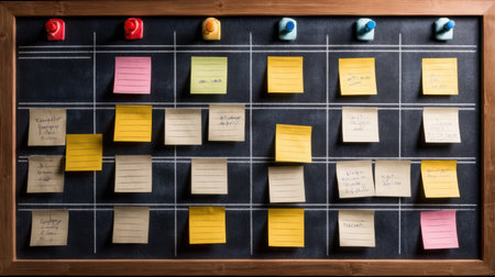 A well-structured chalkboard organizer featuring colorful sticky notes arranged in a grid, perfect for enhancing productivity and planning in any workspace or classroom.の素材