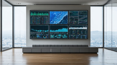 Sleek modern office interior featuring multiple digital screens that display a variety of data analytics, set against a stunning cityscape backdrop.の素材
