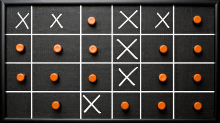 A unique and modern take on the classic game of Tic Tac Toe, this artful board features a black background with striking white lines and vibrant orange tokens, perfect for any setting.の素材