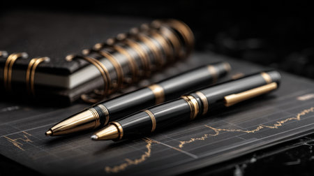 Close-up view of premium black pens with gold accents resting on a financial graph background, symbolizing professionalism and luxury in office environments.の素材