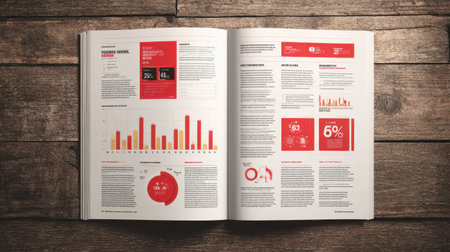 A captivating display of open magazine with colorful graphs and statistics on a wooden surface, perfect for illustrating data analysis and informative content.の素材