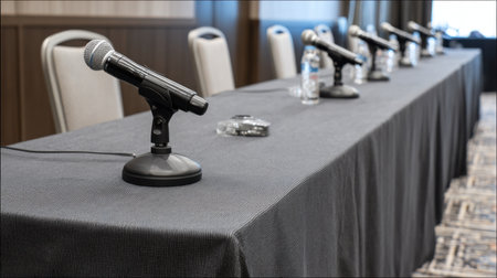 A well-organized table set for a conference or panel discussion featuring microphones, water bottles, and a professional ambiance in a modern setting.の素材
