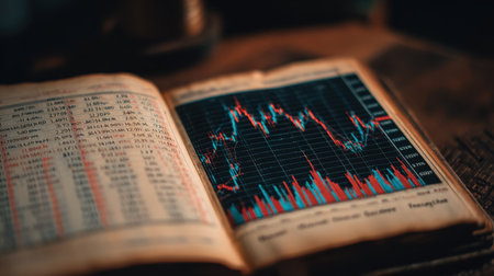 A detailed view of an open stock market ledger showcases financial information, charts, and graphs that reveal market trends and price fluctuations over time.の素材
