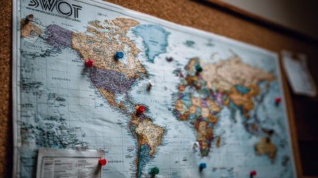 A world map displayed on a corkboard with colored pushpins marking different regions, ideal for strategic planning and SWOT analysis in a professional environment.の素材