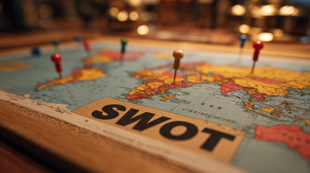 Vintage world map with colorful pins marking various locations, emphasizing SWOT analysis for business strategy development. Ideal for planning and brainstorming sessions.の素材