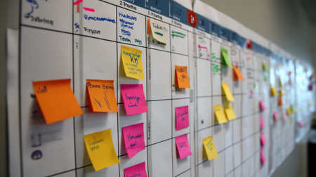 A vibrant project management board filled with colorful sticky notes depicting various tasks and deadlines, perfect for fostering collaboration in an office setting.の素材