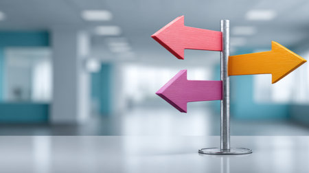 Vibrant colorful arrows mounted on a stand, symbolizing various choices and directions in a contemporary office setting. Ideal for concepts of decision-making and navigation.の素材