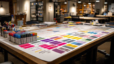 A colorful workspace bustling with creativity. The table is covered with an array of markers and design materials, showcasing an organized palette for artistic projects.の素材
