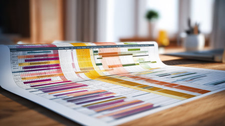 A vibrant data visualization document spread out on a wooden table, showcasing various metrics and colorful elements in a bright office environment. Perfect for business themes.の素材