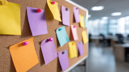 Close-up view of colorful sticky notes pinned to a cork board in a modern office environment, showcasing a collaborative workspace for organization and idea generation.の素材