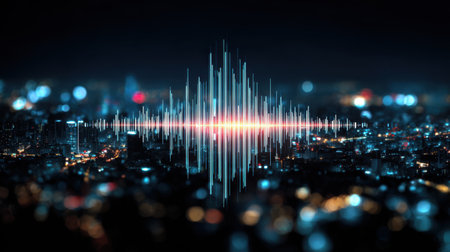 This captivating abstract image portrays a sound wave visualization above a vibrant city at night, showcasing the interplay of lights and colors in a digital format.の素材