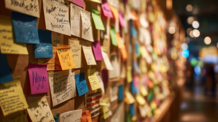 A vibrant display of sticky notes lines the wall of a creative workspace, reflecting diverse ideas and thoughts. Each note contributes to a collaborative environment.の素材