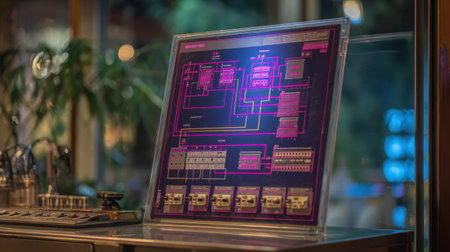 A stunning abstract display of an electronic circuit board featuring vivid colors and intricate connections. This artwork represents modern technology and innovation.の素材
