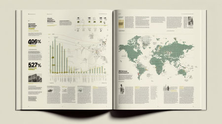 Explore a vibrant infographic spread showcasing a world map, data visualizations, graphs, and informative articles, perfect for educational and analytical purposes.の素材
