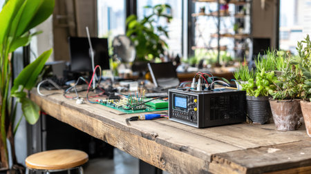 A stylish workspace featuring electronics, plants, and various instruments creates an inspiring environment for creativity and innovation in a modern office setting.の素材