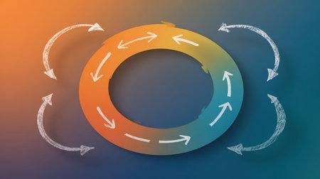 This vibrant circular flow chart features arrows in contrasting colors, representing dynamic movement and transformation, ideal for presentations and creative projects.の素材