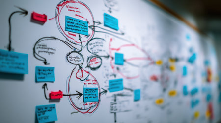 Dynamic whiteboard filled with colorful sticky notes and flowcharts representing ideas and processes, ideal for showcasing collaboration and creative thinking in modern environments.の素材