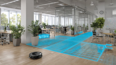 A bright and modern office space featuring a robotic vacuum cleaner navigating through a digitally mapped floor. Abundant natural light and greenery enhance the atmosphere.の素材