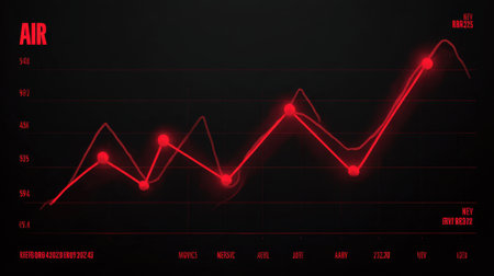 A sleek and modern red data visualization showcasing the air quality index with clear graphs highlighting trends and monthly fluctuations throughout the year.の素材