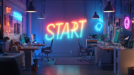 A modern office space showcasing a vibrant neon "START" sign. This inspiring environment blends creativity and technology, encouraging innovative ideas and collaboration.の素材