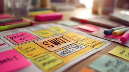 A bright workspace with a colorful SWOT analysis diagram surrounded by sticky notes and markers represents a vibrant setting for brainstorming and planning activities.の素材