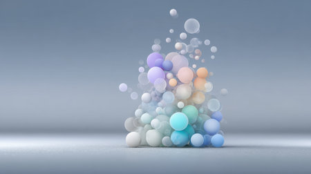 A mesmerizing collection of colorful spheres floats gracefully in the air, creating an abstract, modern art piece that evokes creativity and fluid beauty in a soft light setting.の素材