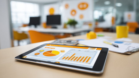 This image showcases a sleek tablet displaying vibrant data charts in a modern office setting, emphasizing productivity, technology, and business analysis.の素材