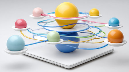 Colorful spheres represent networks and connections above a laptop, showcasing digital technology and innovation. A modern and abstract visual perfect for tech themes.の素材