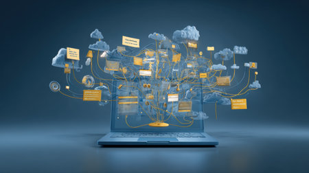 A creative and dynamic representation of data flow and cloud computing, showcasing the connection between technology and information on a laptop screen against a blue backdrop.の素材