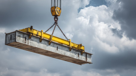 A powerful crane lifts a heavy metal beam against a backdrop of dramatic clouds, showcasing an essential aspect of industrial construction and engineering.の素材