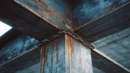 Captivating view of a weathered steel pillar showcasing layers of rust and corrosion. Ideal for themes related to industrial design, urban decay, and architecture.の素材