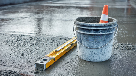 A close-up view of construction tools on wet concrete, including a safety cone, a concrete bucket filled with fresh mix, and a level tool, highlighting industrial work.の素材
