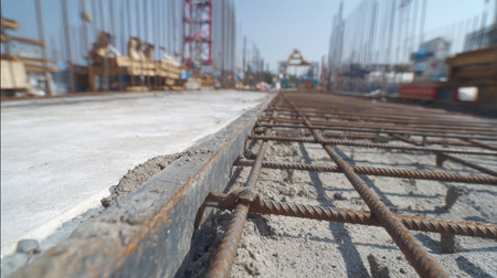 Close-up view of rebar and concrete foundation preparation at a construction site, highlighting the essential materials and techniques used in modern building projects.の素材