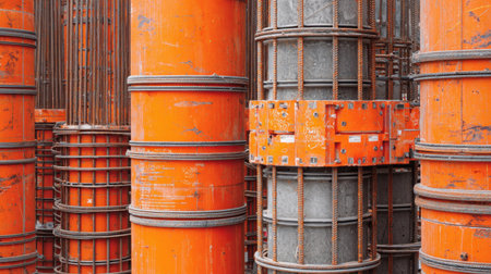 Close-up view of industrial construction site showcasing orange concrete formwork and steel reinforcement bars used for structural integrity and support in building projects.の素材