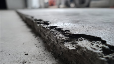 This close-up image showcases a cracked concrete surface, highlighting its unique texture and depth in an industrial setting, ideal for construction and repair themes.の素材