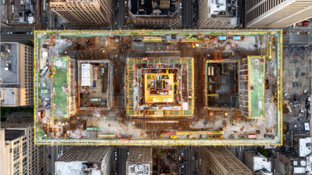 This aerial photograph captures a bustling construction site in a vibrant urban area, showcasing cranes, workers, and machinery involved in a large-scale building project.の素材
