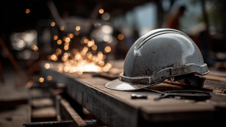 A steel safety helmet rests on a wooden workbench as sparks fly in an industrial workshop, symbolizing safety and hard work in construction environments.の素材