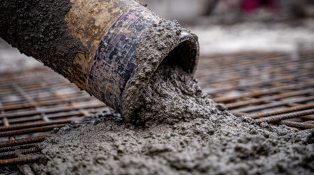 This image captures the moment concrete is poured from a pipe onto steel mesh at a construction site, showcasing the mixing process and material texture.の素材