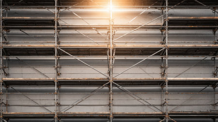 A close-up view of an industrial scaffolding structure softly illuminated by a warm glow, set against a plain wall, showcasing the modern design and potential for construction projects.の素材