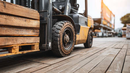 Close-up view of a forklift tire resting on a wooden deck with a pallet attached, showcasing the robust machinery used in logistics and transportation.の素材