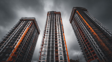 Captivating urban scene featuring three tall residential buildings under construction, showcasing modern architecture and dynamic energy against a dramatic sky backdrop.の素材