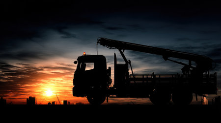 A striking silhouette of a heavy-duty truck with a crane against a colorful sunset sky highlights the intersection of industry and nature, creating a dramatic evening scene.の素材