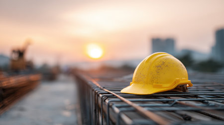 A close-up of a yellow hard hat resting on steel rebars at a construction site. The backdrop features a beautiful sunset, creating an atmospheric setting for industry work.の素材